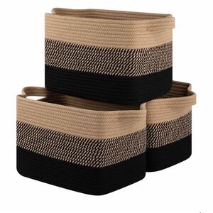 Elegant Tan and Black Woven Storage Baskets